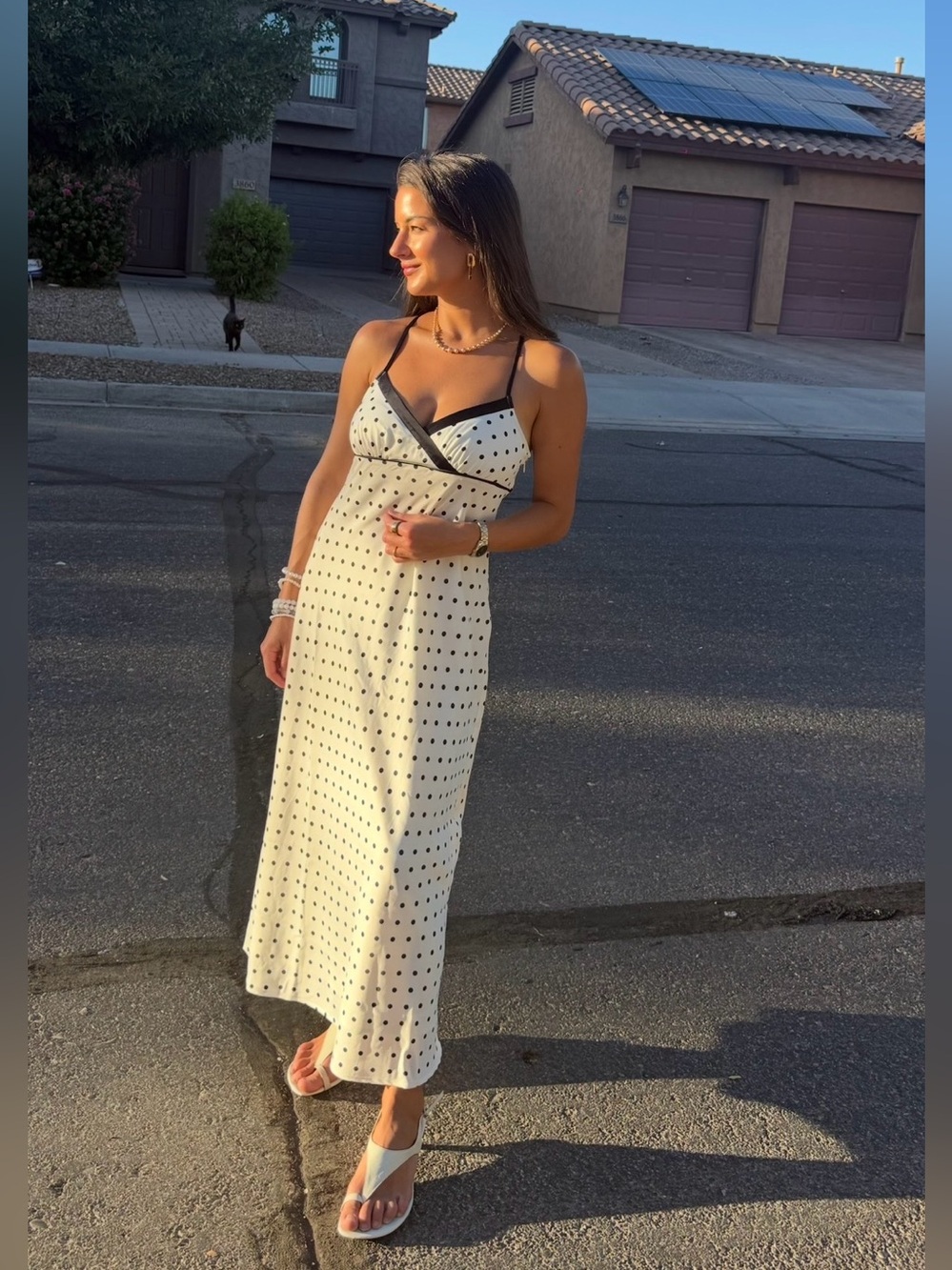 Urban Outfitters Cream Maxi Slip Dress with Black Polka Dots
